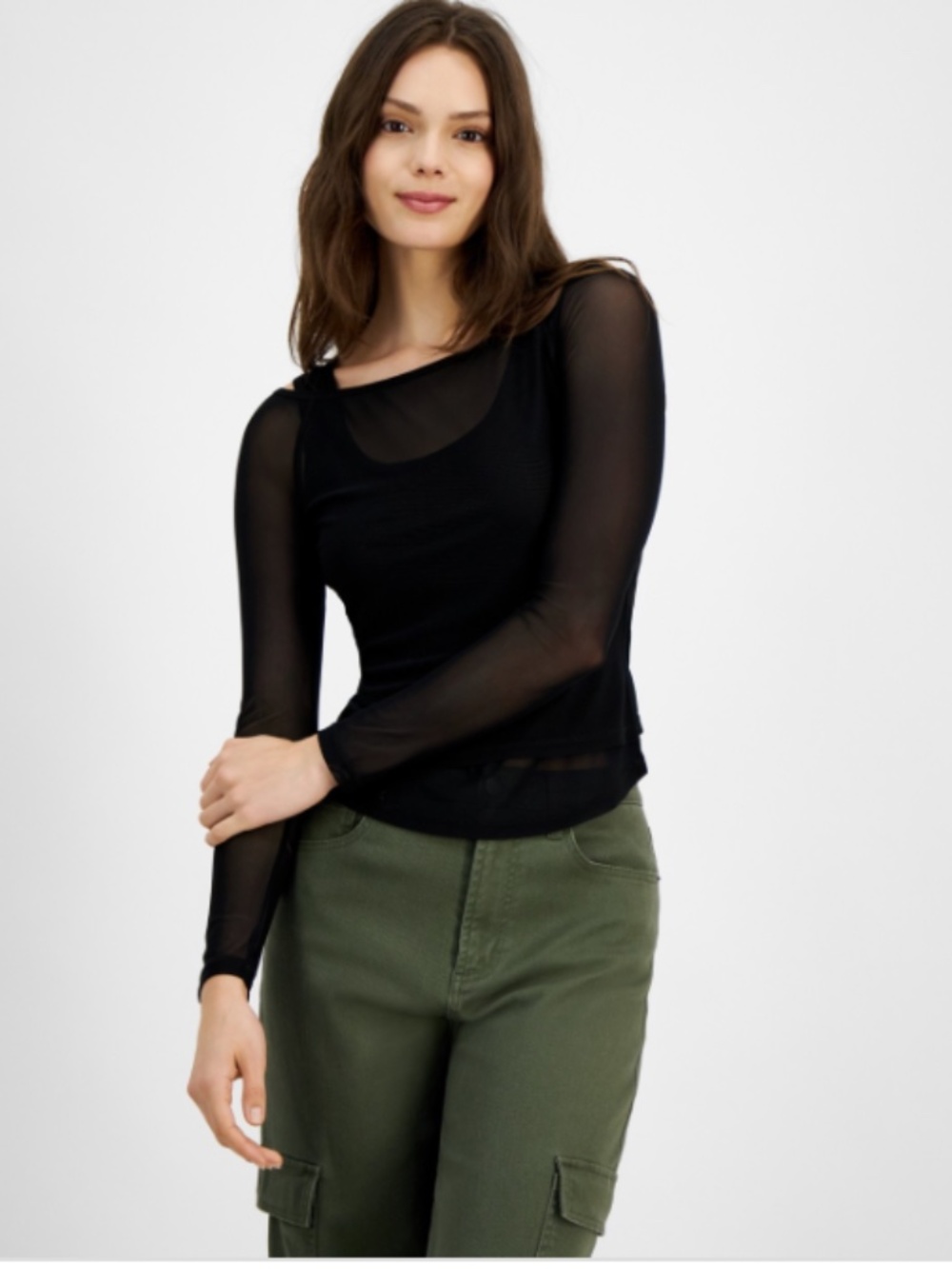 Just Polly Juniors' Mesh Two-Fer Long-Sleeve - Black SIZE L NWT